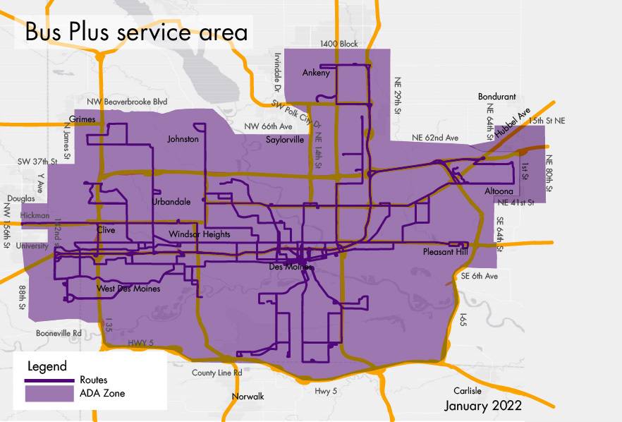 Bus Plus service area map